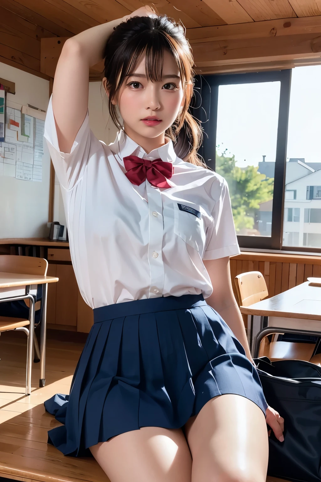 (1girl), (highly detailed face), Amazing face and eyes, (Best Quality:1.4), (Ultra-detailed), (extremely detailed CG unified 8k wallpaper), 
Highly detailed, High-definition raw color photos, Professional Photography, Realistic portrait, 
Amazing face and eyes, Pink eyes, (hi-school uniform, pleated mini skirt:1.3), brown hair, model, depth of fields, School, classroom,
shirt overhang, clothes lift, skirt lift