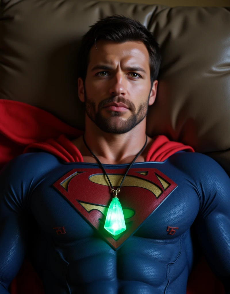 Zafer wearing a blue Superman costume, Superman suit, His chest displays the iconic "S" symbol. Superman's traditional red cape is present, attached to the shoulder and flowing behind him, lies on a sofa at home, pained facial expression, almost unconscious, eyes closed, a glowing emerald green crystal pendant hanging around his neck,