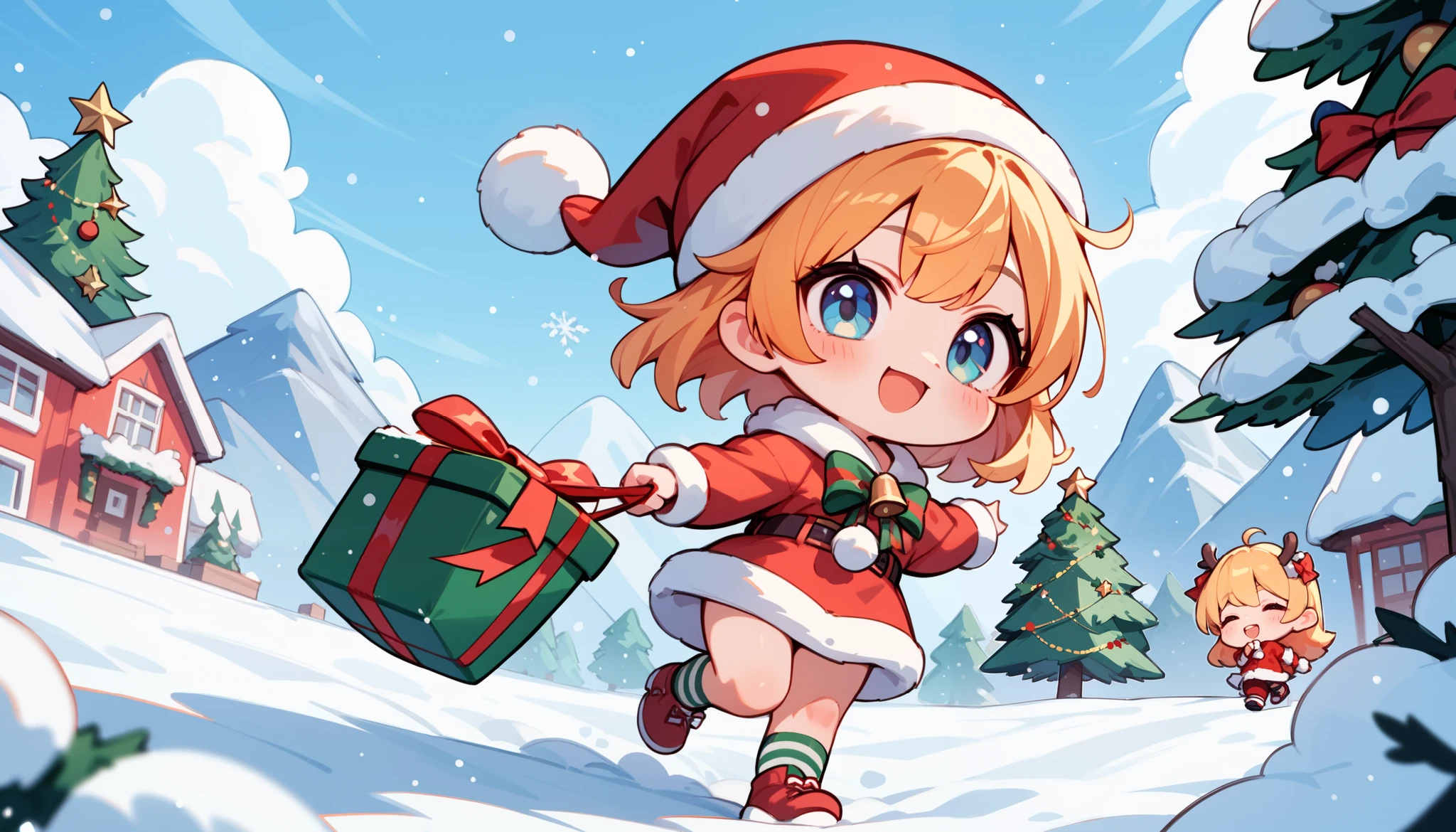 Chibi,Santa, girl,snow , christmas tree, christmas theme,cute