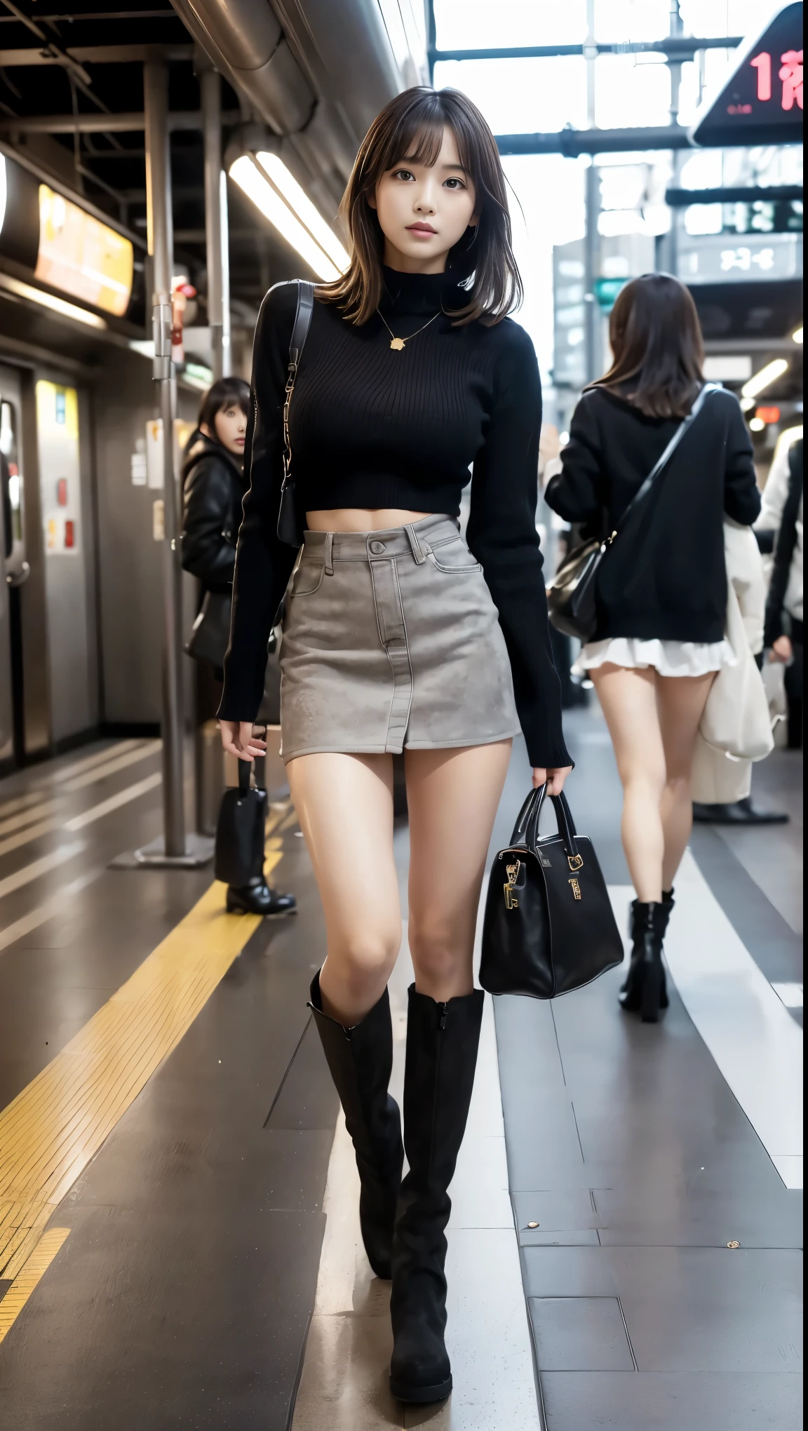 full body shot 、( no one:1.4、 Station Home :1.4)、Outdoor、masterpiece、 top quality 、 high definition 、 realistic 、( no one暗い地下鉄の Station Home にて)、(地下鉄の駅のプラットホームで男性から逃げる黒いニーハイブーツと黒いミニスカートと white sweaterを着た女性)、(A frightened 18-year-old beautiful girl)、(Beautiful woman with an anxious expression)、 beautiful woman running away from a man approaching a subway station platform 、 long legs 、 Beautiful Legs 、 platform boots、Tall, thin and slim magazine model、 young and sexy gravure model 、 cleavage、 cleavageからブラジャーが少し見える、 looking at camera、Looking up、 long black hair、Black hair with a natural perm 、Long hair with bangs、( black suede long boots up to the knee 、black wool miniskirt 、 white sweater、地下鉄の Station Home )