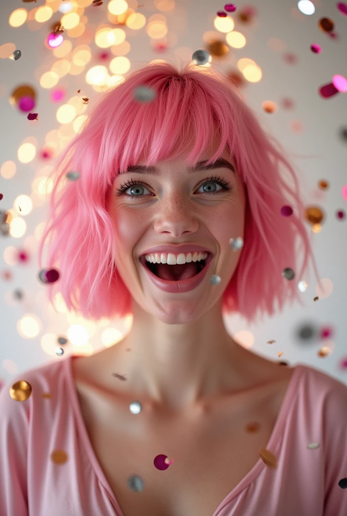 Pink hair: The girl has short, wavy hair dyed a bright pink color, styled in loose waves that frame her face. Wide-eyed: Her eyes are open wide, giving her a lively and engaging expression. Dilated pupils: Her pupils appear large, adding to the intensity of her gaze. Laughing: The girl is captured in the midst of laughter, with her mouth open wide, showcasing her white teeth. Theatrical lighting: The entire image is bathed in soft pink stage lighting, creating a dramatic and artistic ambiance. Smiling: Her smile is broad and genuine, contributing to the joyful mood of the image. Elegant dress: She is wearing a low-cut pink dress, which is elegant and accentuates her figure, fitting the theatrical environment. Red velvet seats: The background features the plush red velvet seats of the theater, adding depth and a sense of luxury to the image. Ornate details: The backdrop includes ornate gold detailing and decorative elements typical of classic theaters, contrasting with the modern lighting and creating a rich, textured setting. Theater atmosphere: The overall vibe suggests a lively, sophisticated theater scene, with an emphasis on elegance and high-quality visual details, including a focus on bokeh, high resolution, and anatomical accuracy.