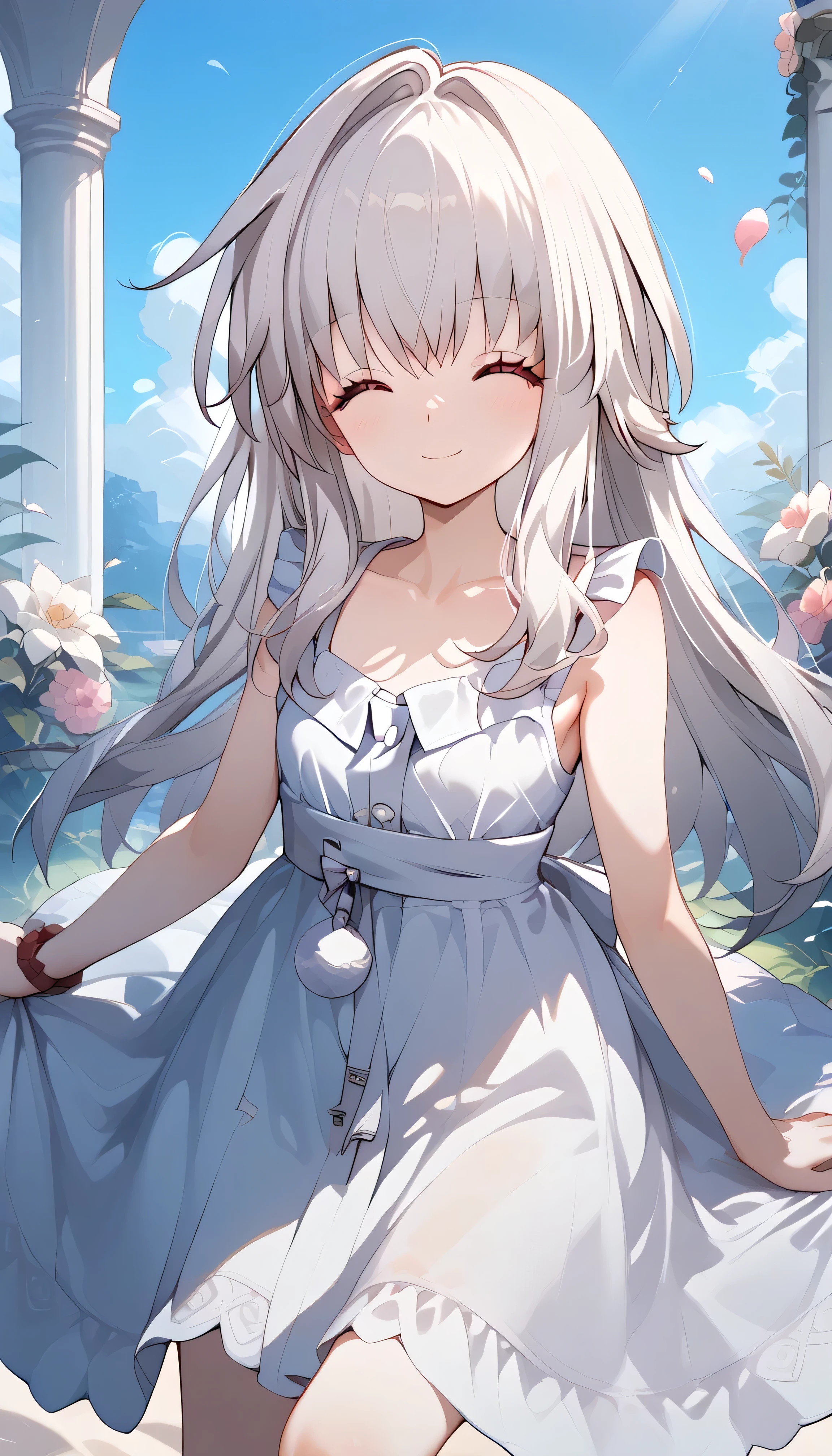 clara (honkai: star rail), 1girl, long hair, white hair, closed eyes,　Alone,  eyebrow visible from inside hair ,  hair between eyes　 top quality, very aesthetic, sundress　smile　summer　in the flower garden　grassland　flower　in the sky　petal　outside　Sunlight　open mouth,　幸せ　楽しい　嬉しい