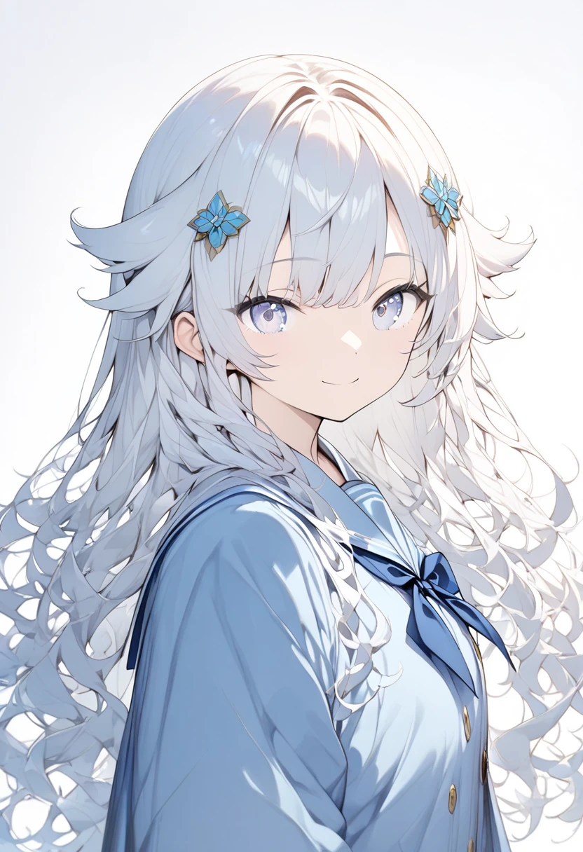 {{masterpiece、 Attention to Details }}、((White background,eye level shot、whole body、 looking at me))、18 years old、 1 girl、Blue school uniform、Silver Eyes、smile、light blue fluffy long hair 、wavy hair、hair flaps、swept bangs、 hair ornament、 Black Knee Socks 、 loafers