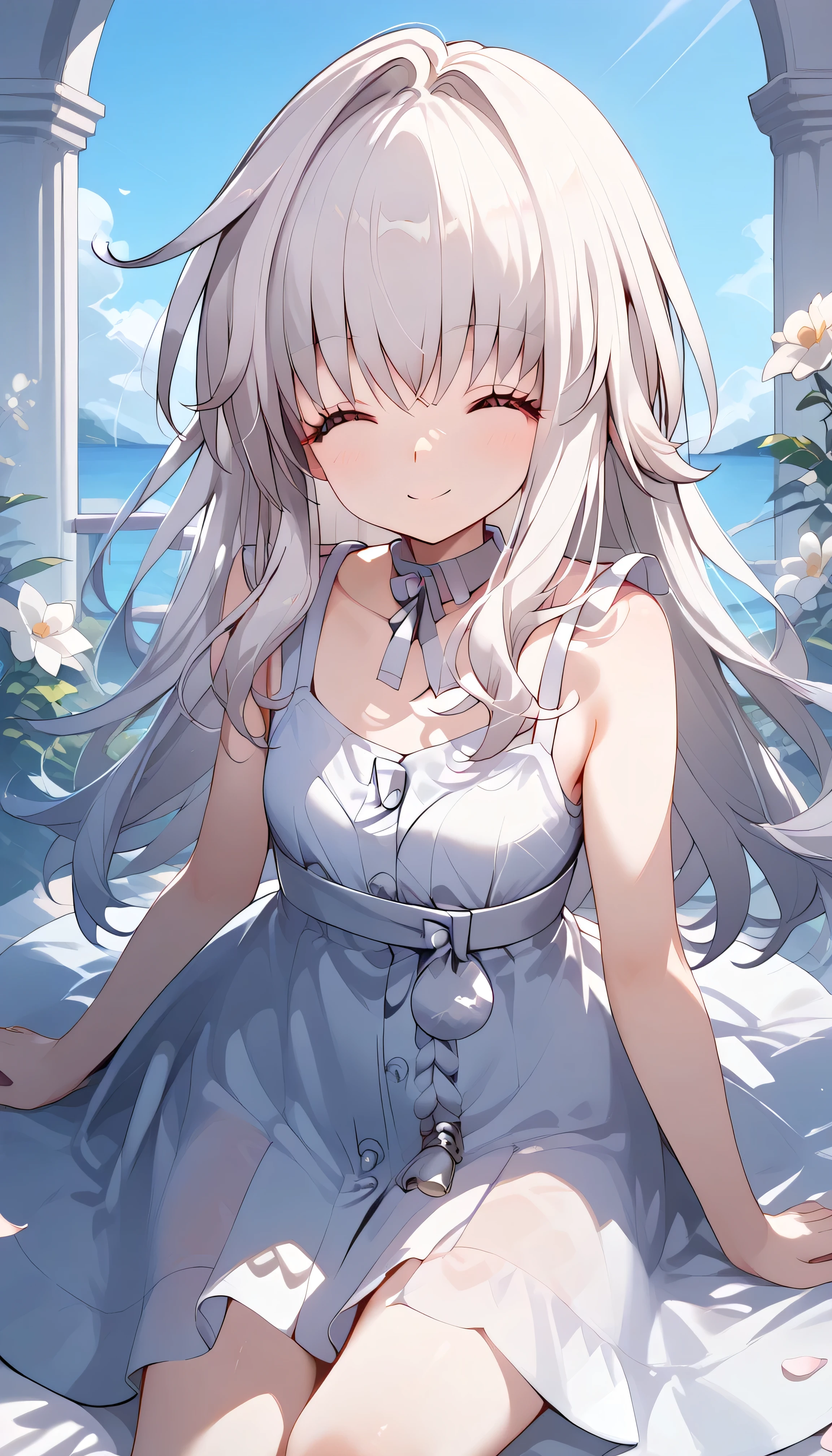 clara (honkai: star rail), 1girl, long hair, white hair, closed eyes,　Alone,  eyebrow visible from inside hair ,  hair between eyes　 top quality, very aesthetic, sundress　smile　summer　in the flower garden　grassland　flower　in the sky　petal　outside　Sunlight　open mouth,　幸せ　楽しい　嬉しい