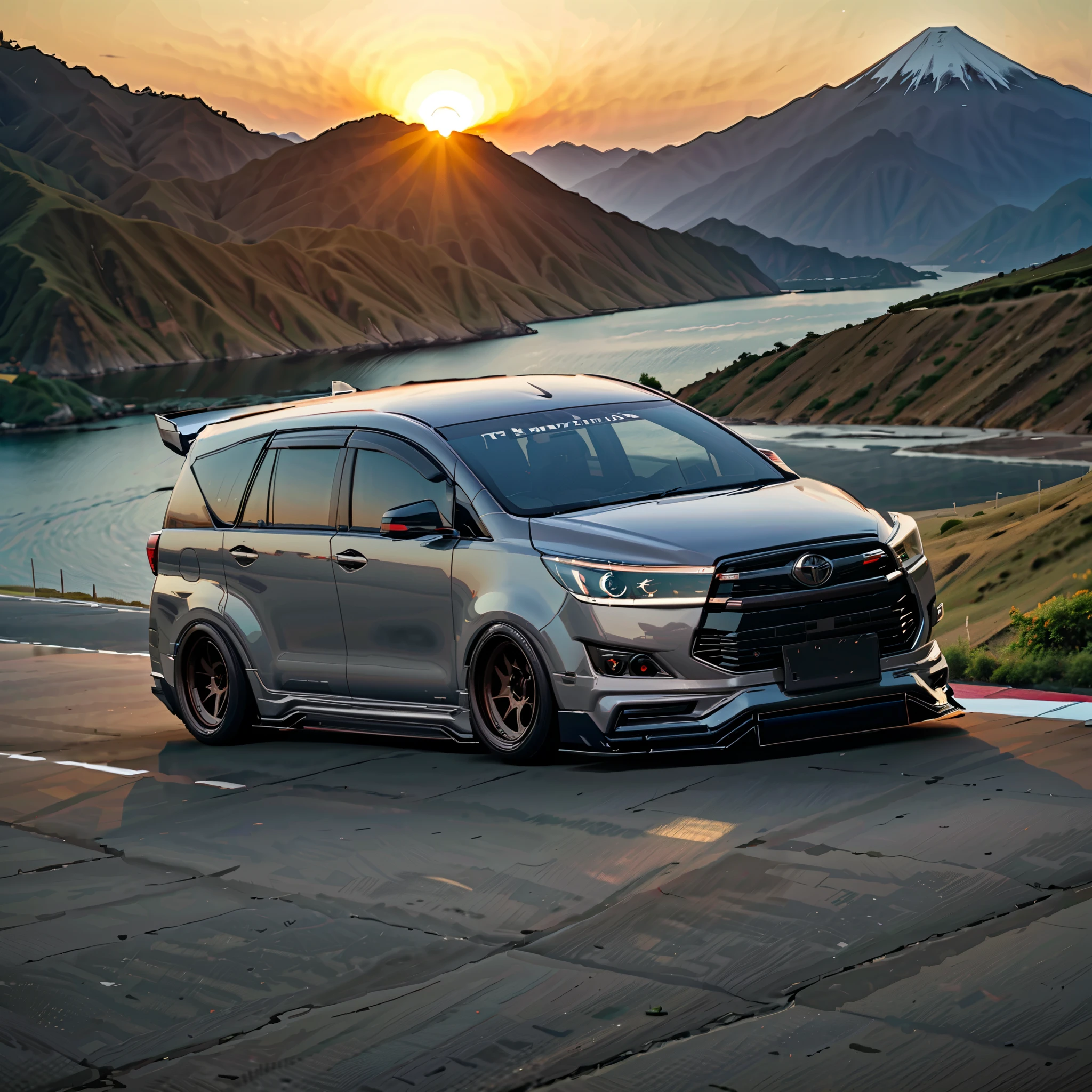 (best quality,highres,masterpiece:1.2),ultra-detailed,realistic,photorealistic:1.37,illustration, a photo of rbntrd car [Innova reborn trd], glowing led headlights, widebody sports car, Mountainous landscape, sunset, fast, plenty of détails, distant view