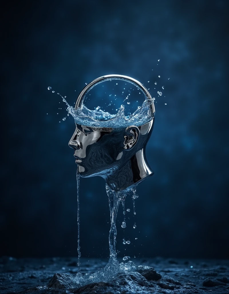  dark blue background , Foreground is a silver metalic floating head sculpture ,empty top head filled with water ,brainless , , ,with water dripping down from its head like an overfilled cup , water dripping, ,empty space, Dripping to nothing ,