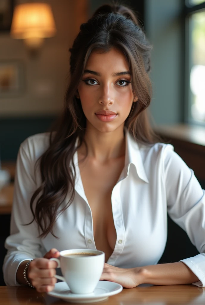 una mujer de cabello largo que este en una mesa tomando un cafe, con buena iluminacion y detalles realistas