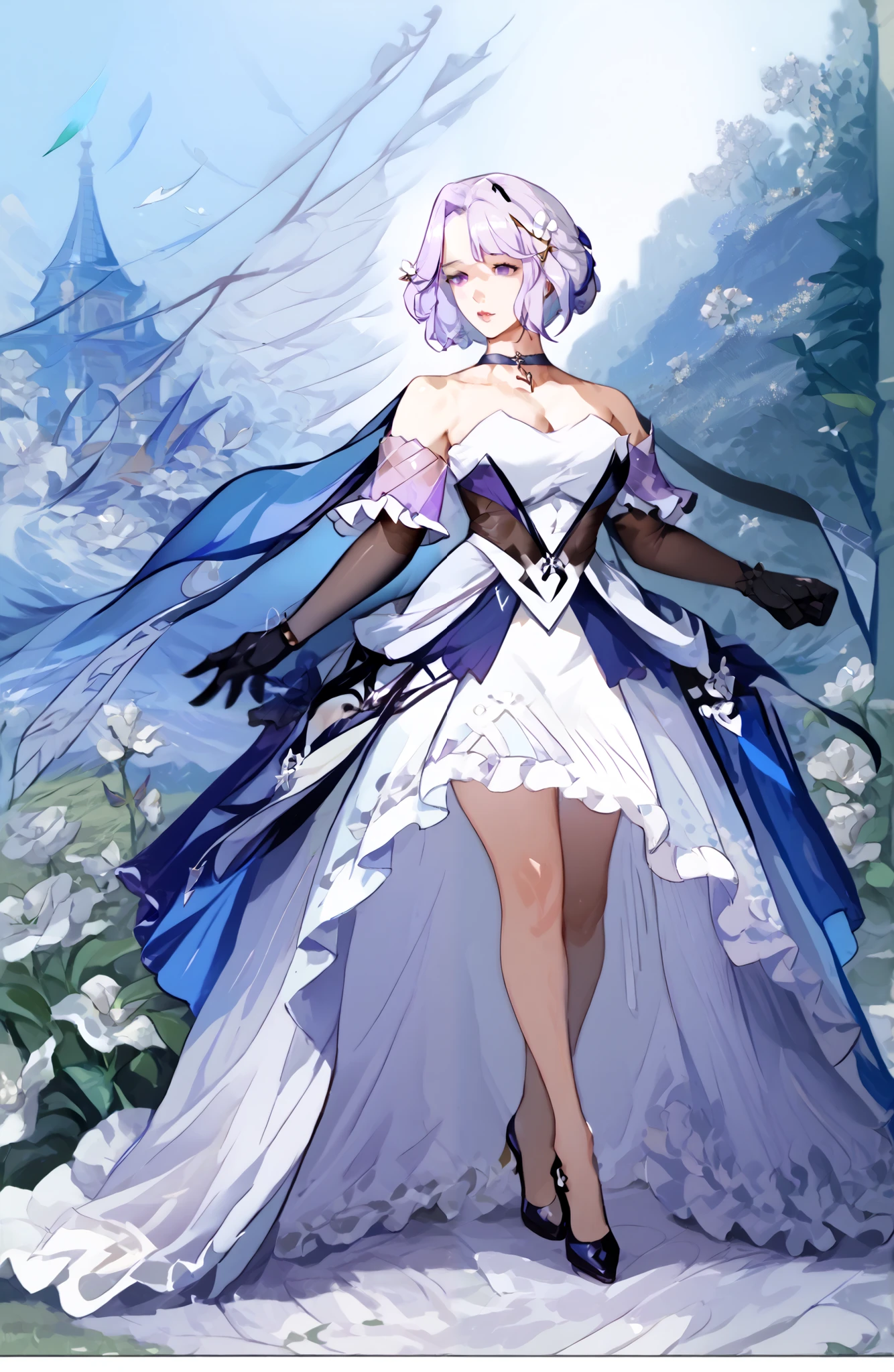 masterpiece, best quality, extremely detailed 8K wallpaper, 1girl, outdoors, Helena(Azur lane),strapless dress, dress, layered dress,white flower, hair ornament, purple eyes, (choker), outline, (black gloves), bare legs,