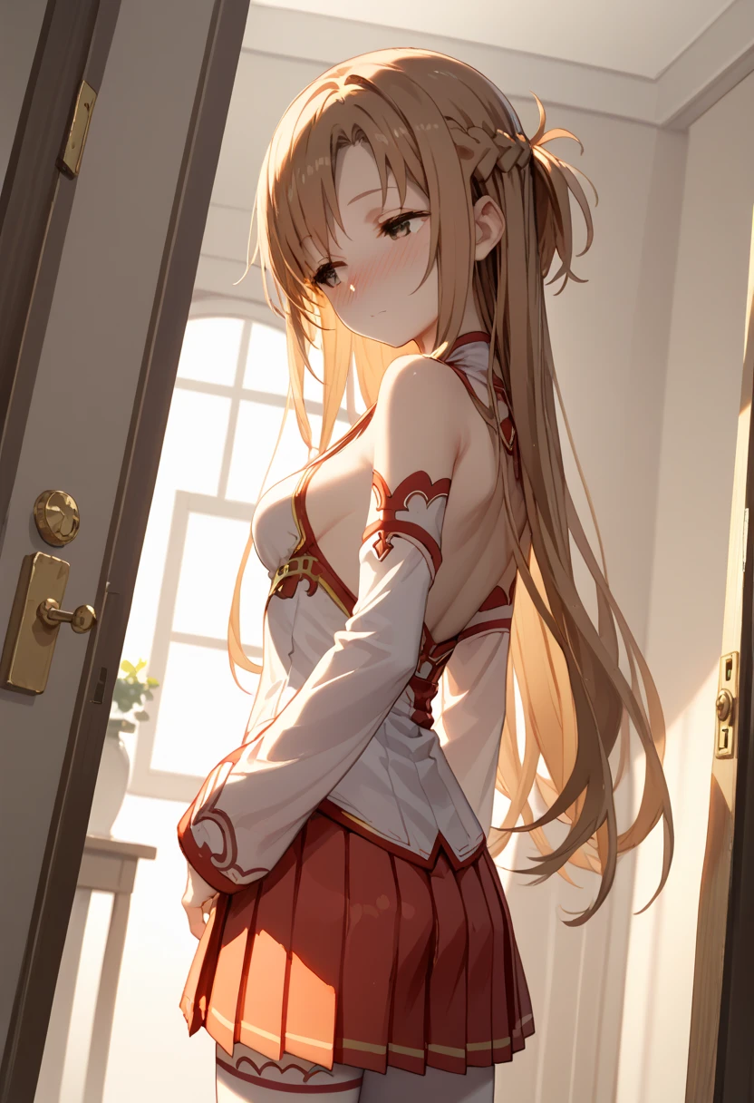 score_9, score_8_up, score_7_up, score_6_up,
<lora:Expressive_H:1.0>
1girl, <lora:SDXL_LORA_CHARACTER_YUUKI ASUNA_V1A:1>, yuuki asuna, brown eyes, brown hair, long hair, bangs, braid,skinny, slender body, tiny, medium breasts,
red pleated skirt, white detached sleeves, bare shoulders, white thighhighs,
girl entering the room,
indoors, bedroom, door, open door,
(nose blush:1.1), (head tilt:1.2),
hollow eyes, half-closed eyes,
(looking away:1.2), closed mouth,
upper body, from behind,
dutch angle,
masterpiece, best quality,