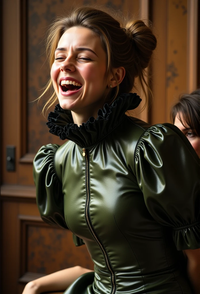 closeup shot, (muscular evil angery aubrey plaza showing closed teeth with flared nostrils and furrowed brows:1.5) in a (closed satin skintight silk buttondown band collar blouse with large shoulder-pads and extremely tight belt:1.6), tight hairbun, silk gloves, (widened eyes), (muscular arms), subtle evil stare with flared nostrils, large shoulder-pads, (evil laugh), skintight satin pants defining her body, uptight, popped collar, stiff posture