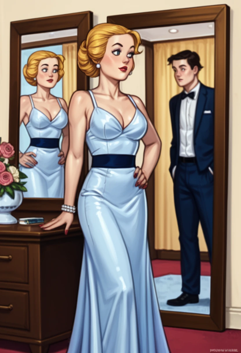 1girl,Scandinavian, 26 yo, princess,pale skin, blue eyes,long hair,hair bun,blonde hair,
silver tiara, blue dress, blue heels
big breasts,cleavage,smiling,
royal palace,
standing,
(insanely detailed, beautiful detailed face, masterpiece, best quality) solo,