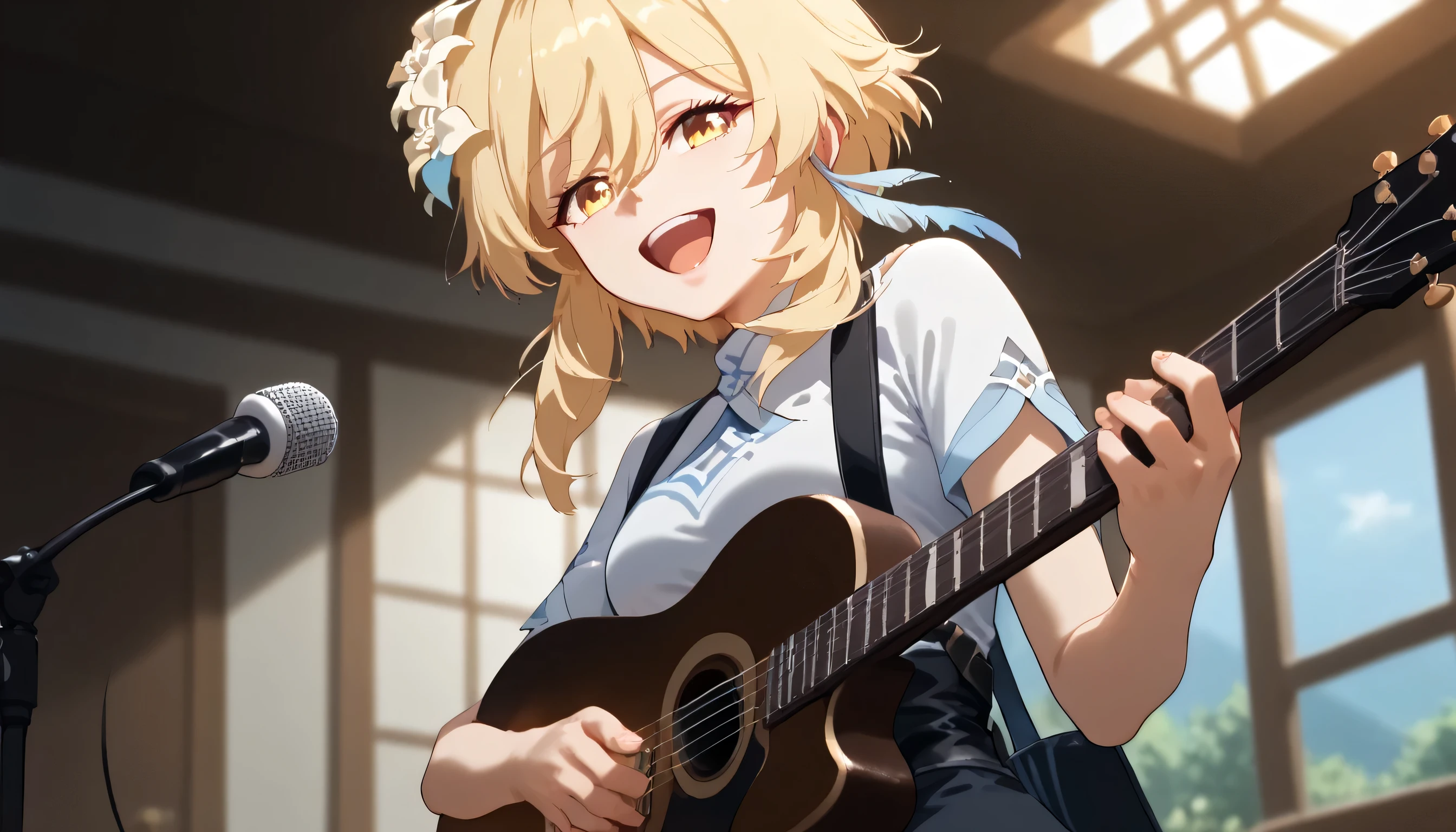 score_9,score_8_up,score_7_up, shiny skin, solo, 1girl, lumine, genshin impact lumine, bangs, blonde hair, hair ornament, blunt bangs, hair between eyes, yellow eyes, flower, hair flower, feather hair ornament, cowboy shot, sing, singing, open mouth, guitar, playing a guitar, side view, casual outfit, t shirt, long pans, cowboy shot, sweet smile, side pov