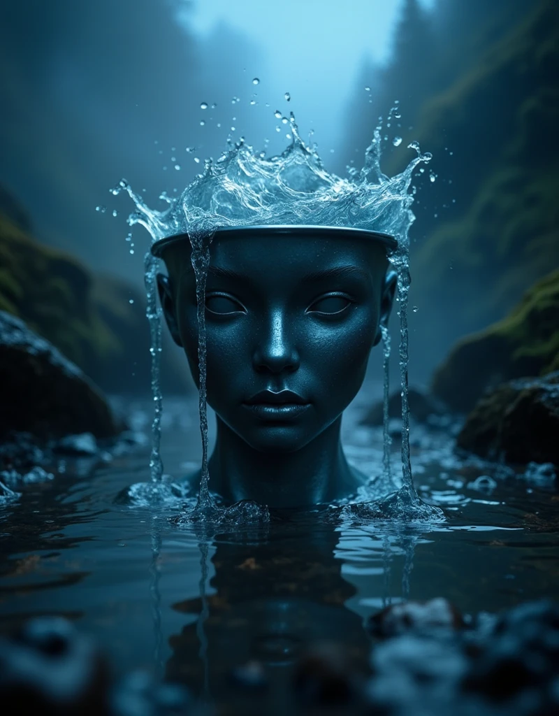 Book cover : dark ethereal blue , Foreground is a metal floating head  with water dripping down from its head dripping down, the top of the head is hollow filled with water ,cup shape top