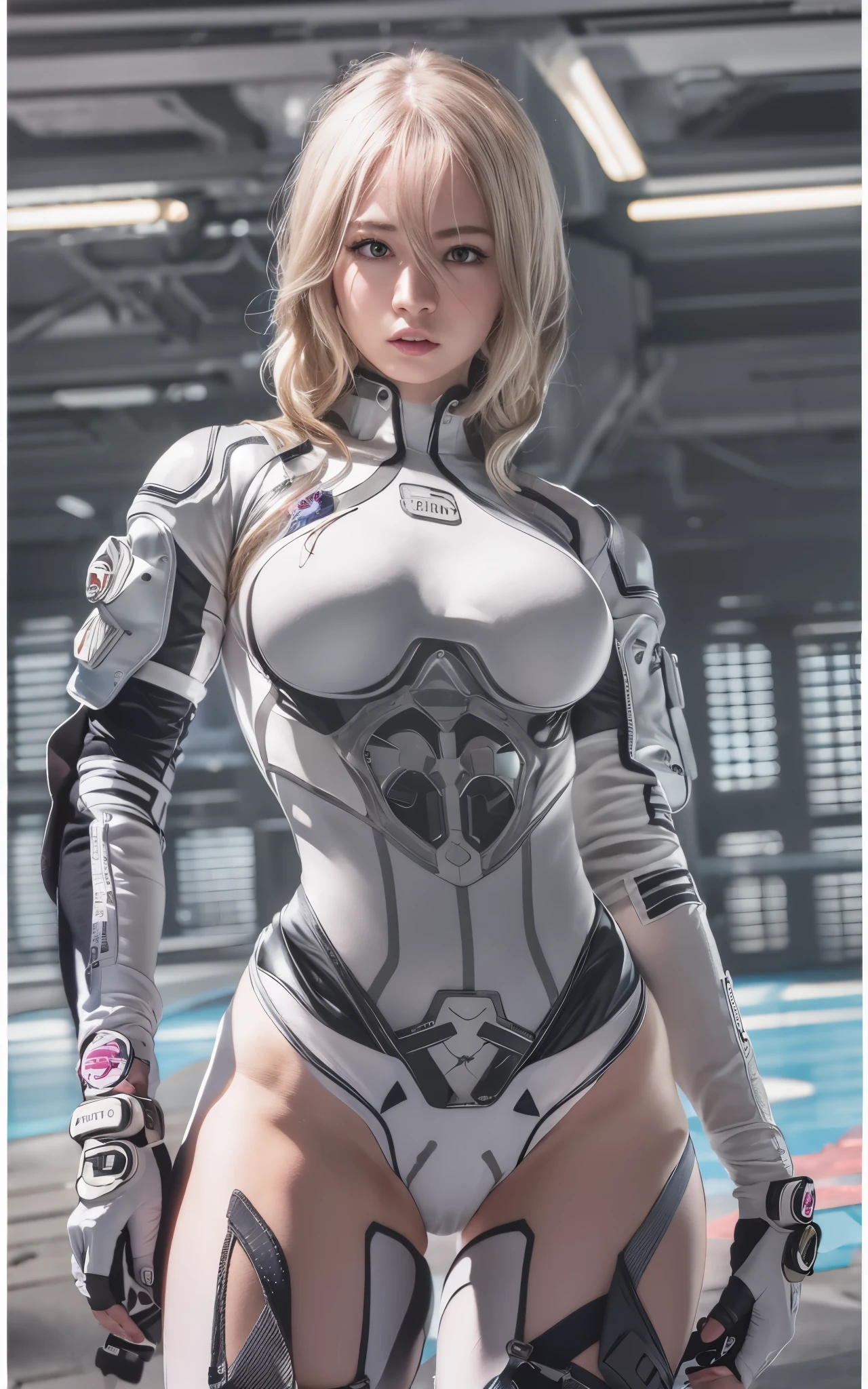 ((Best Quality)), ((masutepiece)), (Detailed: 1.4), (Absurd), Caucasian female fighter pilot ready for war, front walking, muscular sculptural body defined, Closed mouth, muscular body covered by technological clothing, Cyberpunk, ((perfect large breasts)), (blue eyes without pupils), long manga-style eyelashes, close to real, Crazy face, Sexy Pose, Centered, scale to fit the dimensions, nffsw (High dynamic range),Ray tracing,Hyper-Resolution,Unreal 5,Subsurface Dispersion, PBR Texture, Post-processing, Anisotropy Filtering, depth of fields,  Maximum clarity and sharpness, Multilayer textures, Surface Shading, accurate simulation of light and material interactions, Perfect proportions, thirds rule, top-quality, in 8K, ultra-detailliert, Being on the roof of a skyscraper, Smooth bodysuit, spiffy white zero suit