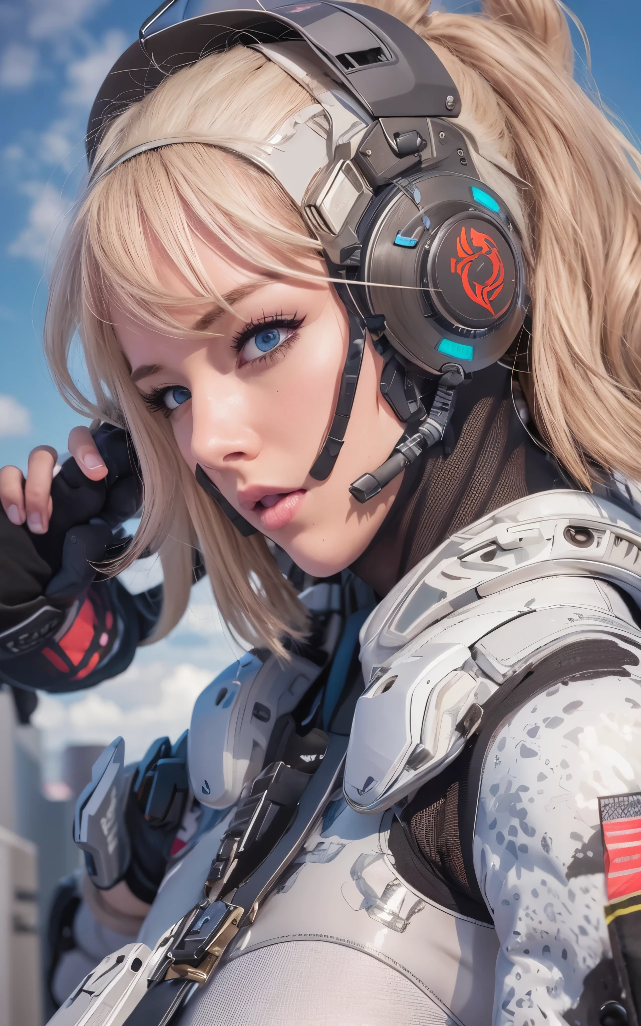 ((Best Quality)), ((masutepiece)), (Detailed: 1.4), (Absurd), Caucasian female fighter pilot ready for war, front walking, muscular sculptural body defined, Closed mouth, muscular body covered by technological clothing, Cyberpunk, ((perfect large breasts)), (blue eyes without pupils), long manga-style eyelashes, close to real, Crazy face, Sexy Pose, Centered, scale to fit the dimensions, nffsw (High dynamic range),Ray tracing,Hyper-Resolution,Unreal 5,Subsurface Dispersion, PBR Texture, Post-processing, Anisotropy Filtering, depth of fields,  Maximum clarity and sharpness, Multilayer textures, Surface Shading, accurate simulation of light and material interactions, Perfect proportions, thirds rule, top-quality, in 8K, ultra-detailliert, Being on the roof of a skyscraper, Smooth bodysuit, spiffy white zero suit