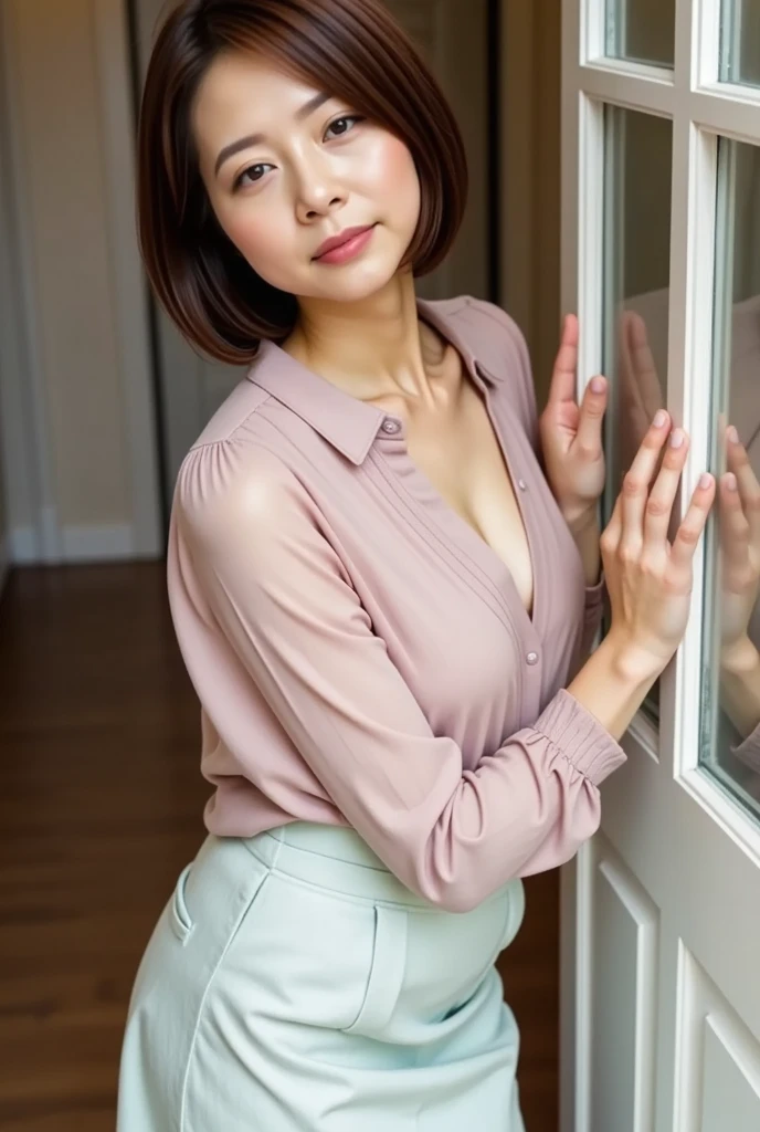 Best Quality、8k、masterpiece、Realistic, Sharp focus,  High Resolution ,  High Resolution , Portraiture, alone, Japanese,  Beautiful woman, brown hair,brown eyes,(( dynamic pose )),(Small breasts)、A blouse that shows off her cleavage, Attractive body,(I'm cleaning the front door), you can clearly see my chest leaning forward while cleaning the front door、 Long Skirt、 sandals , short hair