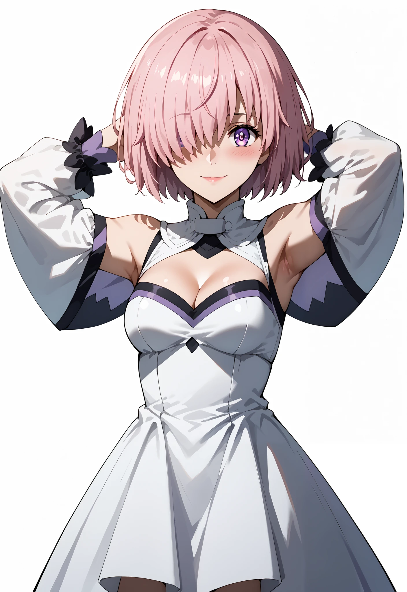 score_9, score_8_up, score_7_up, source_anime, 4K,perfect fingers,(perfect hands, perfect anatomy),
1girl, mashkyrielight, mash kyrielight, short hair, purple eyes, pink hair, hair over one eye, 
wearing ((dress, white dress, Removable sleeves), Cleavage)),,
standing,Blushing, smiling embarrassed, (show both armpits), arms behind head,