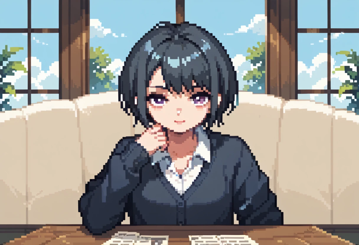  pixel art、solo,2D, beautiful illustration ,close up face,detailed face,from front,from adove,throw,KinoSDXL,1girl,Alone,lounge,Sitting facing the Viewer on a square table, looking at viewer,School uniform, Cardigan,black hair ,short hair,bags、Sofa,Window、 big window