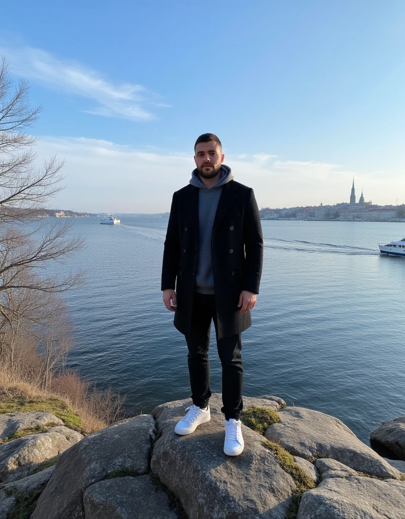 A young man have a light skin tone stands on a rugged cliff overlooking a tranquil bay in Stockholm, Sweden. The scene captures a crisp winter morning with icy blue skies streaked by soft, wispy clouds. The man wears a long black coat with neatly buttoned lapels and white sneakers. His vintage grey hoodie on his head is a deep grey colour, with a soft and casual fabric that appears cosy and well-fitted. The hood is pulled up over his head, framing his face gently and slightly overlapping the lapels of his long black coat. The distant cityscape across the bay glimmers with sunlight, showcasing a harmonious mix of modern towers and classic Nordic architecture. A solitary boat glides smoothly across the water, leaving a delicate wake. Bare, leafless trees and patches of moss on the rocky outcrop add an organic texture, enhancing the serene, introspective mood of the moment. (masterpiece), (best quality), (ultra-detailed background), detailed face, perfect composition, intricate details