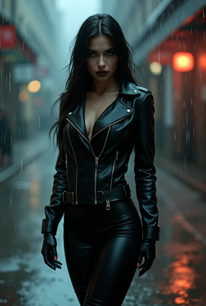80's girl in leather catsuit and horse riding boots at 1986 in chicago, she looks very dominant