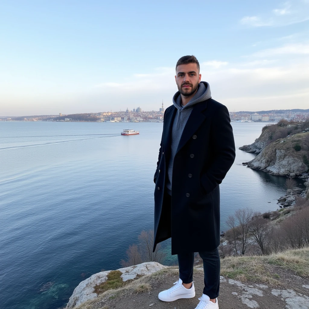 A young man have a light skin tone stands on a rugged cliff overlooking a tranquil bay in Stockholm, Sweden. The scene captures a crisp winter morning with icy blue skies streaked by soft, wispy clouds. The man wears a long black coat with neatly buttoned lapels and white sneakers. His vintage grey hoodie on his head is a deep grey colour, with a soft and casual fabric that appears cosy and well-fitted. The hood is pulled up over his head, framing his face gently and slightly overlapping the lapels of his long black coat. The distant cityscape across the bay glimmers with sunlight, showcasing a harmonious mix of modern towers and classic Nordic architecture. A solitary boat glides smoothly across the water, leaving a delicate wake. Bare, leafless trees and patches of moss on the rocky outcrop add an organic texture, enhancing the serene, introspective mood of the moment. (masterpiece), (best quality), (ultra-detailed background), detailed face, perfect composition, intricate details