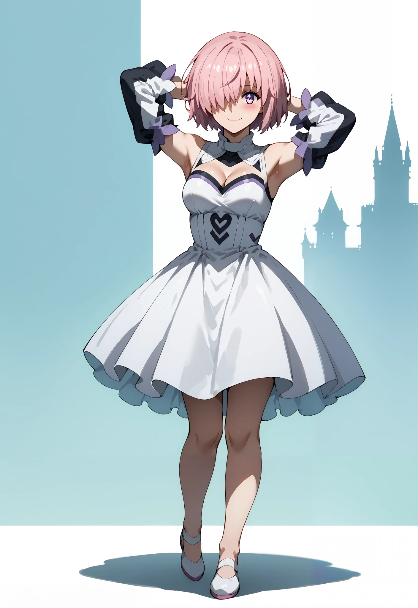 score_9, score_8_up, score_7_up, source_anime, 4K,perfect fingers,(perfect hands, perfect anatomy),
1girl, mashkyrielight, mash kyrielight, short hair, purple eyes, pink hair, hair over one eye, 
wearing ((dress, white dress, Removable sleeves), Cleavage)),,
standing,Blushing, smiling embarrassed, (show both armpits), arms behind head,looking at viewer,full body,