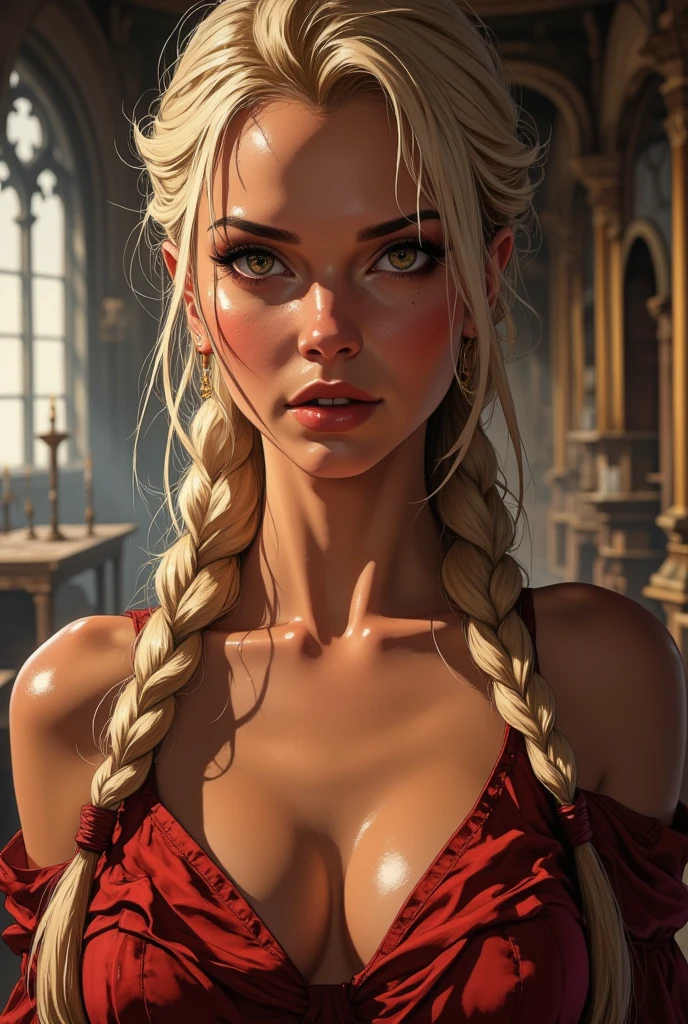 Beautiful Italian face detailed with heavy makeup, realistic detailed face, beautiful edges, shiny forehead, trimmed black eyebrows, beautiful nose like a mountain peak, mesmerizing eyes with lined eyeliner, plump red glossy lips, hair in a bun, (Blonde hair), earrings, complex composition without mistakes, delicate details, bare shoulders, elegant chest, big breasts, sweaty chest, slim waist, ((Tattooed all over the upper body, full nude body with a big, bouncy butt))A high-quality UHD 18K shot in front of the viewer)).