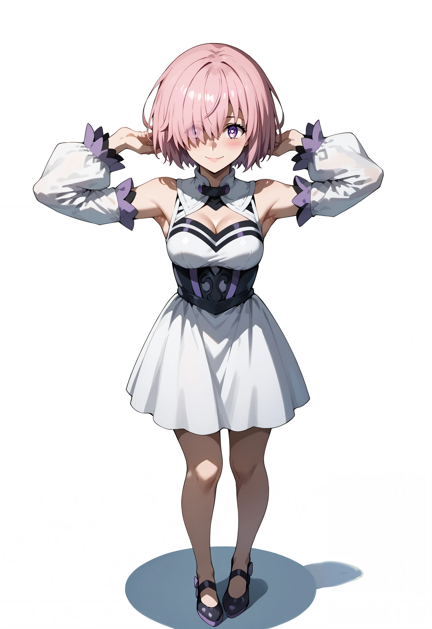 score_9, score_8_up, score_7_up, source_anime, 4K,perfect fingers,(perfect hands, perfect anatomy),
1girl, mashkyrielight, mash kyrielight, short hair, purple eyes, pink hair, hair over one eye, 
wearing ((dress, white dress, Removable sleeves), Cleavage)),,
standing,Blushing, smiling embarrassed, (show both armpits), arms behind head,looking at viewer,full body,arms_above_head,