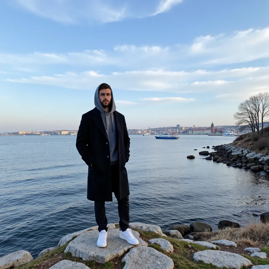 A young man have a light skin tone stands on a rugged cliff overlooking a tranquil bay in Stockholm, Sweden. The scene captures a crisp winter morning with icy blue skies streaked by soft, wispy clouds. The man wears a long black coat with neatly buttoned lapels and white sneakers. His vintage grey hoodie on his head is a deep grey colour, with a soft and casual fabric that appears cosy and well-fitted. The hood is pulled up over his head, framing his face gently and slightly overlapping the lapels of his long black coat. The distant cityscape across the bay glimmers with sunlight, showcasing a harmonious mix of modern towers and classic Nordic architecture. A solitary boat glides smoothly across the water, leaving a delicate wake. Bare, leafless trees and patches of moss on the rocky outcrop add an organic texture, enhancing the serene, introspective mood of the moment. (masterpiece), (best quality), (ultra-detailed background), detailed face, perfect composition, intricate details