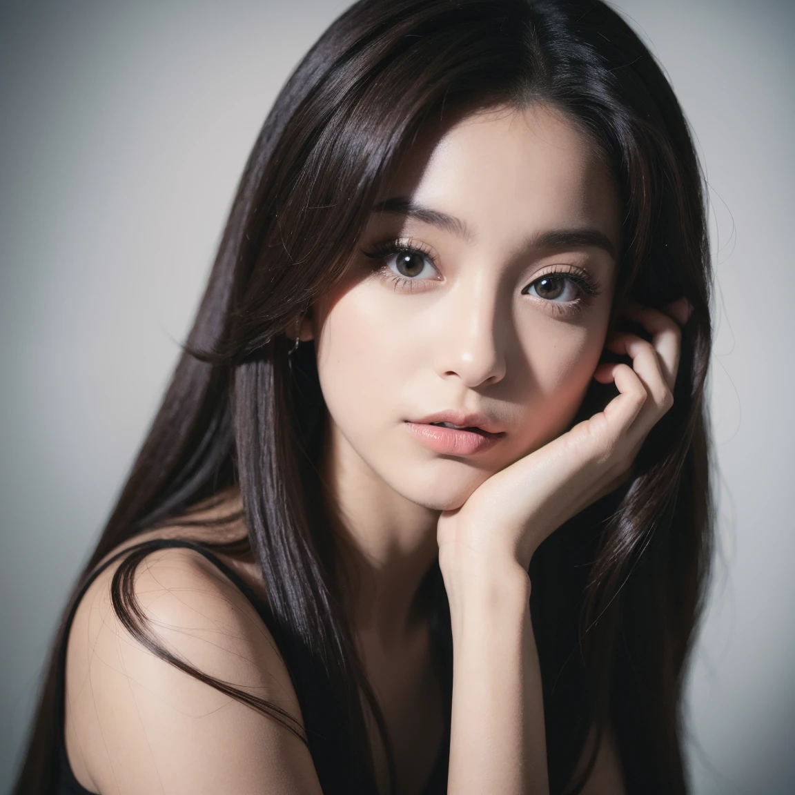 <lora:bcBeerV1.1-000011:0.5>,1girl, seductive eyes, white shirt, black pencil skirt, (isolated on dark-grey background:1.2),(looking at viewer, sit, from above:1.1), (soft lighting:1.2), shot on Canon EOS 5D, best quality, ultra high res, (photorealistic:1.4), masterpiece, real life skin, hyper real,straight black hair,absurdly long hair:1.5, detailed beautiful eyes and detailed face, <lora:detail_slider_v4:0.85>