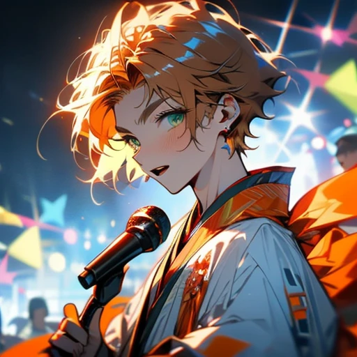 orange hair short hair perm drooping eyes blue eyes Handsome guy boy microphone concert earphone
