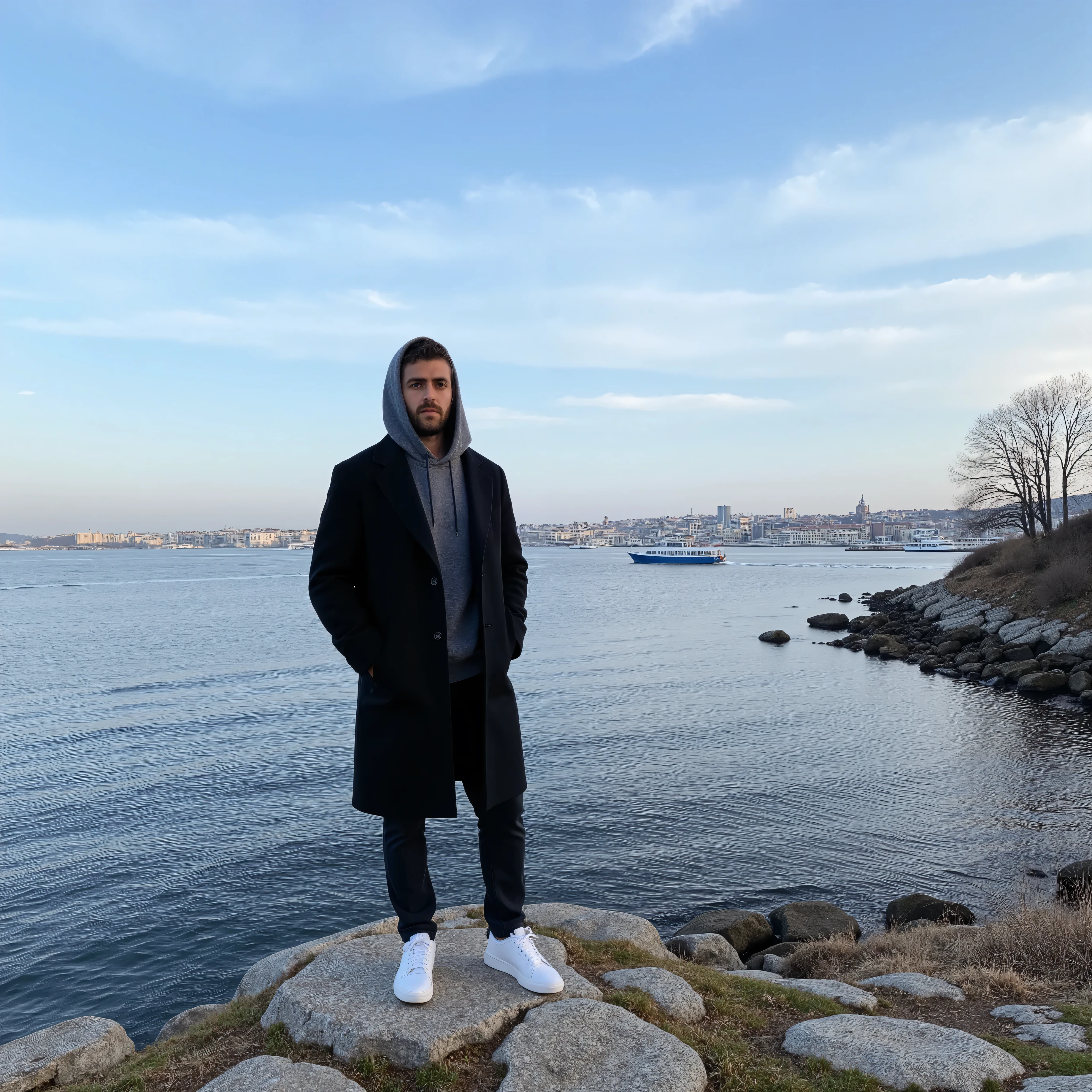 A young man have a light skin tone stands on a rugged cliff overlooking a tranquil bay in Stockholm, Sweden. The scene captures a crisp winter morning with icy blue skies streaked by soft, wispy clouds. The man wears a long black coat with neatly buttoned lapels and white sneakers. His vintage grey hoodie on his head is a deep grey colour, with a soft and casual fabric that appears cosy and well-fitted. The hood is pulled up over his head, framing his face gently and slightly overlapping the lapels of his long black coat. The distant cityscape across the bay glimmers with sunlight, showcasing a harmonious mix of modern towers and classic Nordic architecture. A solitary boat glides smoothly across the water, leaving a delicate wake. Bare, leafless trees and patches of moss on the rocky outcrop add an organic texture, enhancing the serene, introspective mood of the moment. (masterpiece), (best quality), (ultra-detailed background), detailed face, perfect composition, intricate details