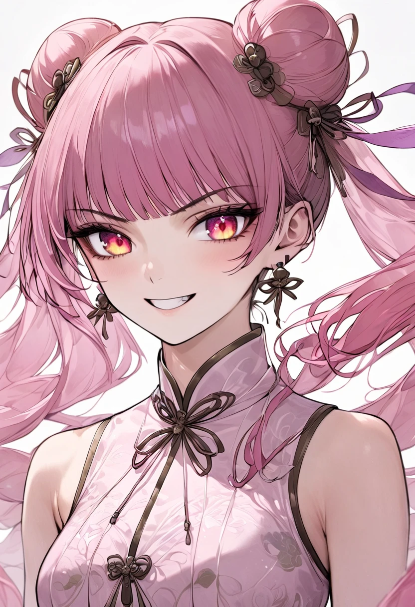 (Masterpiece, Top Quality, Aesthetic, 4K, Illustration), Exquisite Detail, One Girl, One Person, Contrast, Glowing Eyes, (Kung Fu Girl), 18 Years Old Mature, Cute Face, Clenching Fist, (Fluorescent Pink Gradient), Twin Tails in a Bun, Medium Hair, Side Lock, Golden Eyes, White chinese dress, warrior, small breasts, smiling face, upper body.