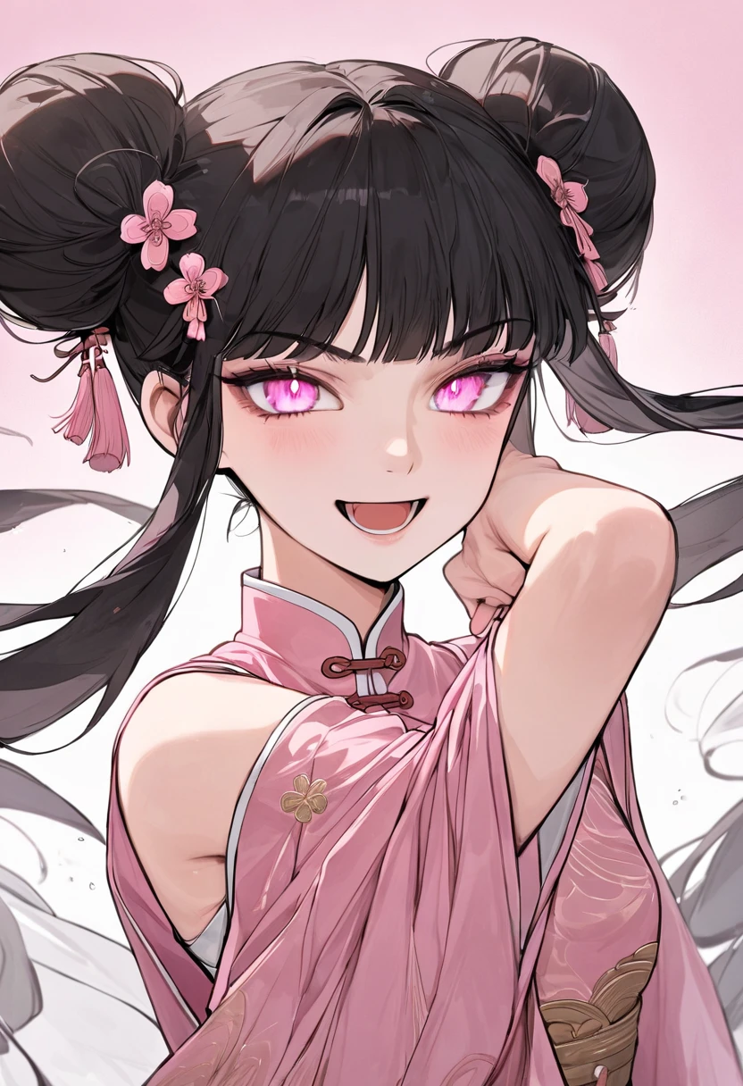 (Masterpiece, Top Quality, Aesthetic, 4K, Illustration), Exquisite Detail, One Girl, One Person, Contrast, Glowing Eyes, (Kung Fu Girl), 18 Years Old Mature, Cute Face, Clenching Fist, (Fluorescent Pink Gradient), Twin Tails in a Bun, Medium Hair, Side Lock, Golden Eyes, White chinese dress, warrior, small breasts, smiling face, upper body.