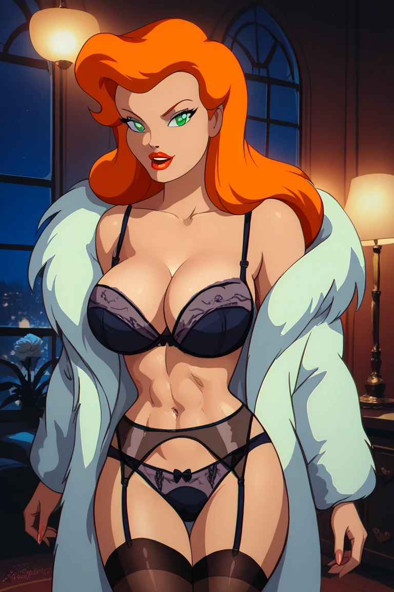 (masterpiece, official art), 1girls, solo, red hair, green eyes, kitty cat katarina, (fur trim, fur trim white strapless bra, ur trim white panties, white fake cat ears, cleavage, scar across eye, whisker markings, sfw), (closeup), portrait, (large breasts), (at bar, indoors, at night), looking at viewer, (upper body), smile, seductive, alluring attire