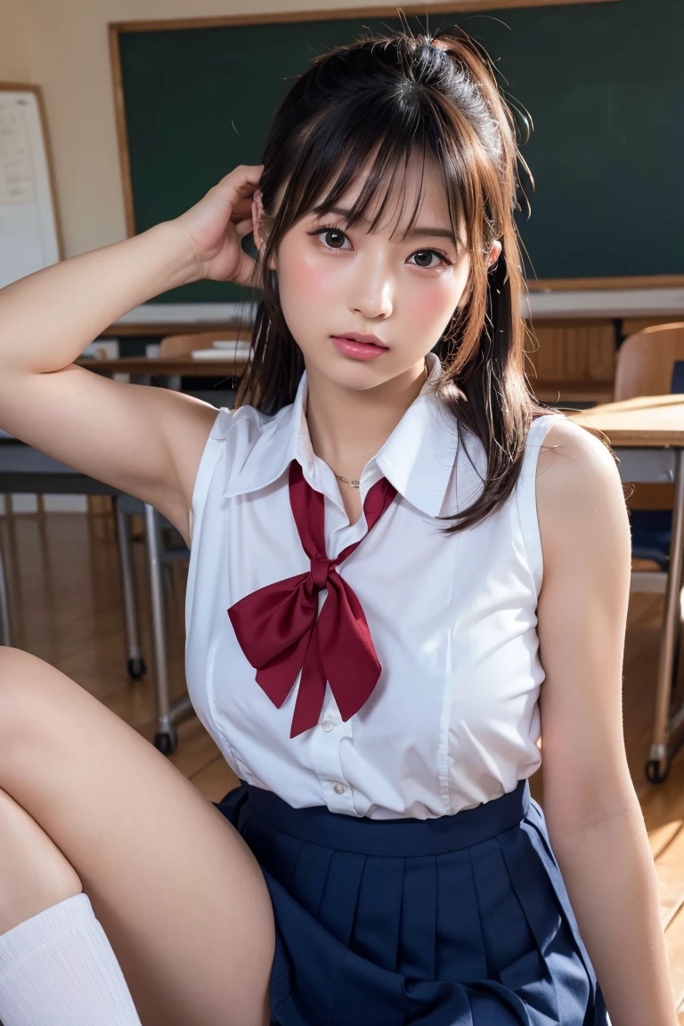 校服、knee high socks、Brown hair、Shorthair、kawaii faces、Classroom、Tight uniform、Spread your legs apart、sexy underwear、Spread your legs boldly、Tight uniform、Mature look、plaid skirts、White shirt、neck tie、The shape of the pubic area is clearly visible、No Underwear、hi-school girl、Pubic hair is see-through