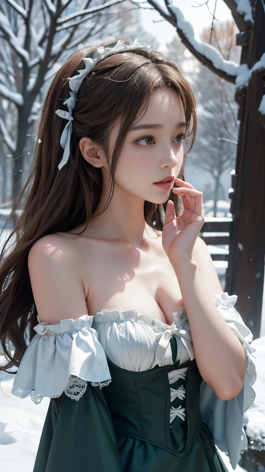 8k, 最high quality, masterpiece, Photo Real, Hide your face with happiness, Medium chest, Orange Lolita outfit, Orange lace, Aerith Gainsborough, whole body, underwear, Exposed bare shoulders, outside, outside, Snow covered, Cape, high quality, Adobe Lightroom, Highly detailed skin, View your viewers,