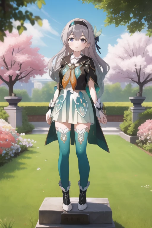 masterpiece,best quality,highres,ultra-detailed,(facing_viewer:1.1),solo,1girl,small breasts,standing,outdoors,garden,cherry blossom,trees,cowboy shot,firefly,black hairband,long hair,grey hair,jacket,orange neckerchief,thighhighs, full body , full body art , statue , standing on pedestal , pedestal , 1 girl , shrine , girl on pedestal