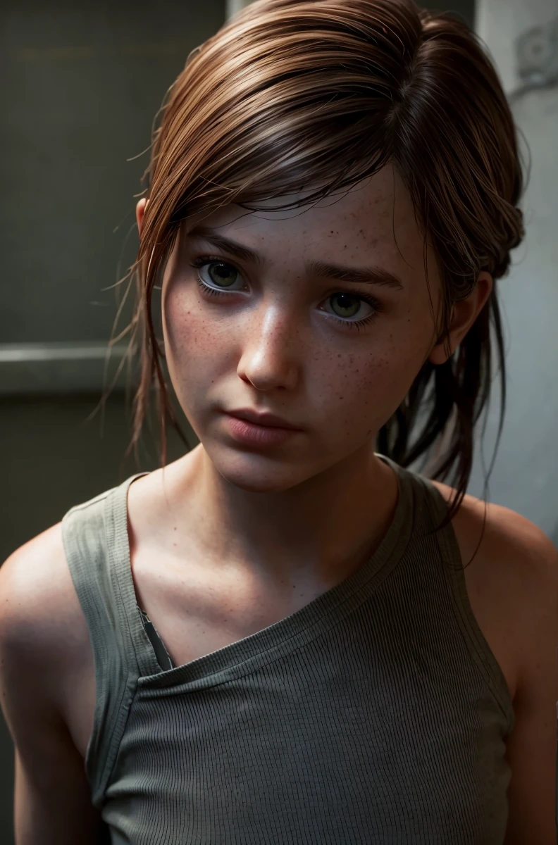 hyperealistic contrasted photo, portrait of 
 , ellie from the last of us, low ponytail,
turn head (look at the viewer, eye contact:1.3) (face closeup:1.5)
red fancy balenciaga trapezoid dress
(parted lips:1.1)
(upper body:1.5) (contrapposto:1.3), profile, in a movie festival by night, public and photographers, 