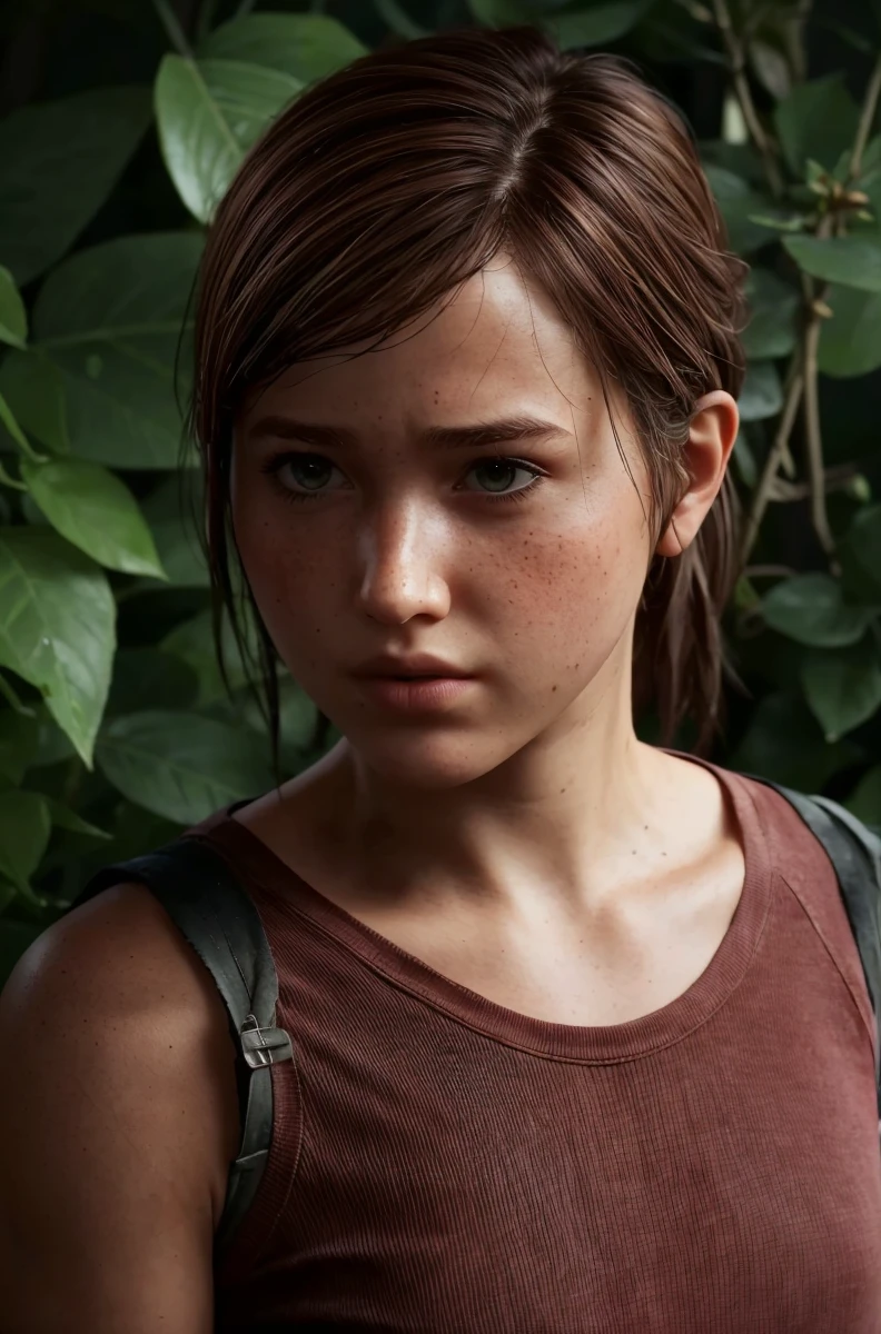 hyperealistic contrasted photo, portrait of 
 , ellie from the last of us, low ponytail,
turn head (look at the viewer, eye contact:1.3) (face closeup:1.5)
red fancy balenciaga trapezoid dress
(parted lips:1.1)
(upper body:1.5) (contrapposto:1.3), profile, in a movie festival by night, public and photographers, 