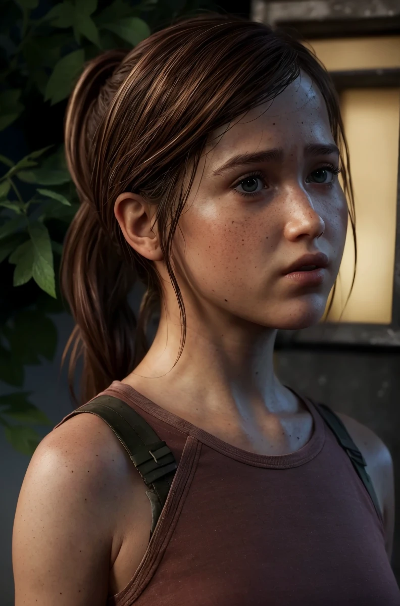 hyperealistic contrasted photo, portrait of 
 , ellie from the last of us, low ponytail,
turn head (look at the viewer, eye contact:1.3) (face closeup:1.5)
red fancy balenciaga trapezoid dress
(parted lips:1.1)
(upper body:1.5) (contrapposto:1.3), profile, in a movie festival by night, public and photographers, 