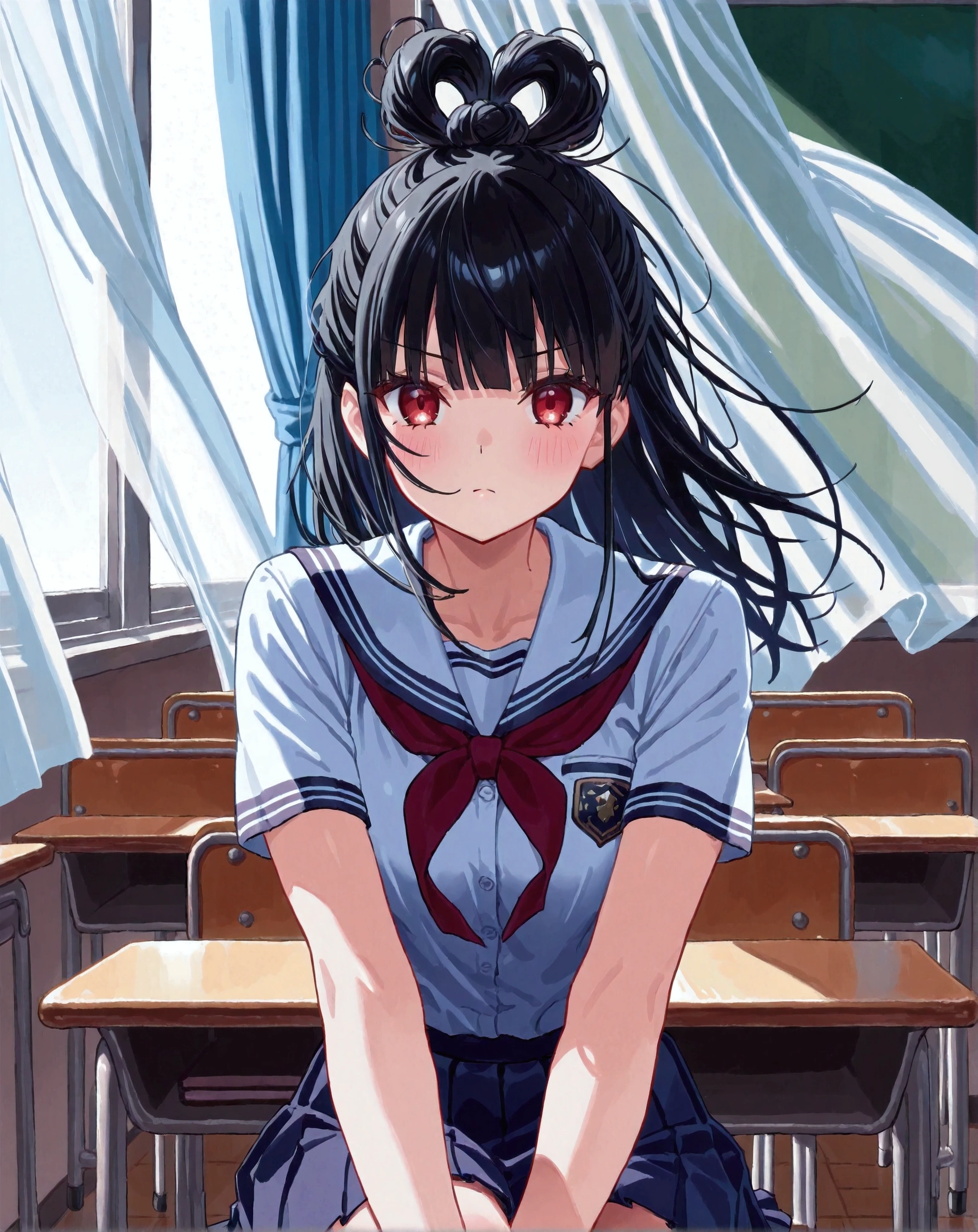 1 girl, school girl, student, school uniform, pleated skirt, dark blue skirt, messy bun, top knot, straight bangs, curtain bangs, black hair, red eyes, human, cute, classroom, sitting at desk, legs crossed, looking at viewer, master piece, best quality, sharp lines, 8k, 8k Ultra HD,