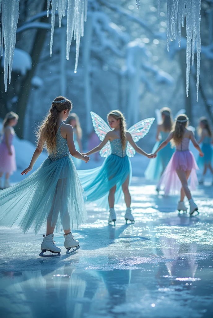 A magical ice skating scene featuring multiple beautiful fairies gracefully dancing on a shimmering ice rink. They are wearing glossy, elegant dresses that reflect the light, creating a fantastical atmosphere. The setting is enchanting, with sparkling icicles and soft, ethereal glow, capturing the essence of a winter wonderland.