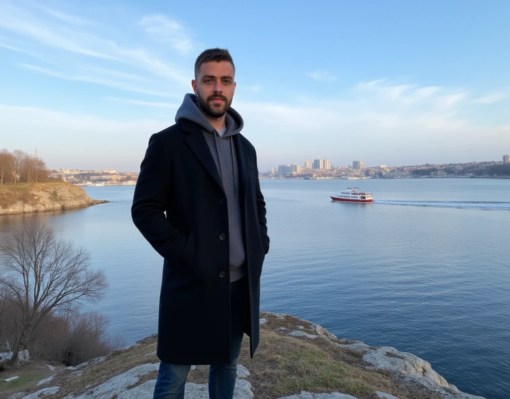 A young man have a light skin tone, a neatly trimmed beard and mustache, with short, dark hair styled short on the sides and longer on top. and a subtle, natural smile that suggests he is enjoying the moment, stands on a rugged cliff overlooking a tranquil bay in Stockholm, Sweden. The scene captures a crisp winter morning with icy blue skies streaked by soft, wispy clouds. The man wears a long black coat with neatly buttoned lapels and white sneakers. His vintage grey hoodie on his head is a deep grey colour, with a soft and casual fabric that appears cosy and well-fitted. The hood is pulled up over his head, framing his face gently and slightly overlapping the lapels of his long black coat. The distant cityscape across the bay glimmers with sunlight, showcasing a harmonious mix of modern towers and classic Nordic architecture. A solitary boat glides smoothly across the water, leaving a delicate wake. Bare, leafless trees and patches of moss on the rocky outcrop add an organic texture, enhancing the serene, introspective mood of the moment. (masterpiece), (best quality), (ultra-detailed background), detailed face, perfect composition, intricate details