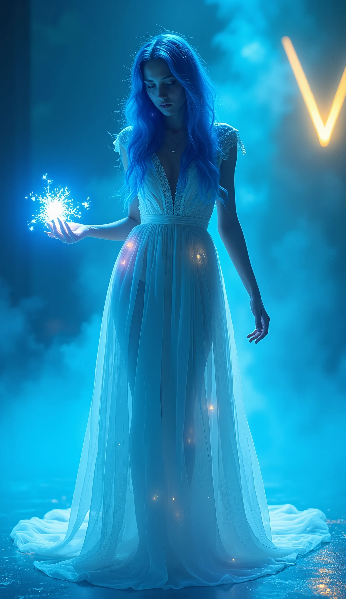 Girl with red hair and emerald green dress with many jewels and red magic