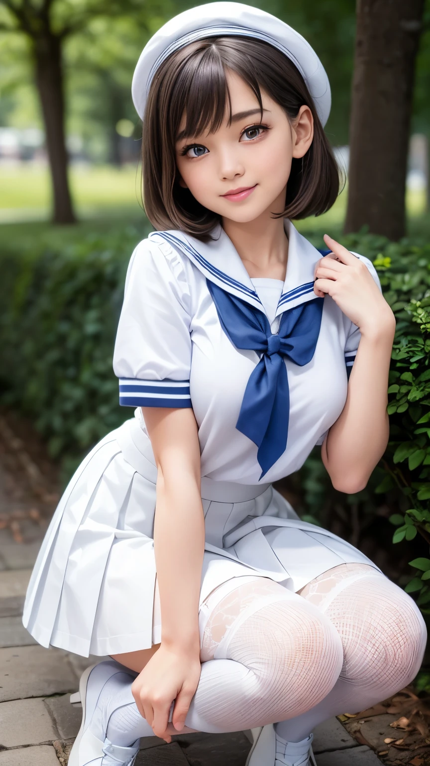 Best quality, full body focus, full body shot, perfect face, soft light, ultra high res, 8k, Masterpiece, , , view the viewer, full body , Front view, (1girl), , Cute face, (blue eys:1.5), (brown very short hair), beautiful medium breasts, , Beautiful boob, Beautiful finger, Beautiful hands, Beautiful arms, Beautiful feet, Beautiful legs, (high resolution detail of human skin texture) , ((white short sleeves sailor uniform, white pleated skirt, knee-high socks, white with lace trim, white pin heels)), , Park,, , (( standing, , smiling, nose blush) , (see-through:0.3)shirt, ,)) , ,score_9, solo, no bra, no panties, ,