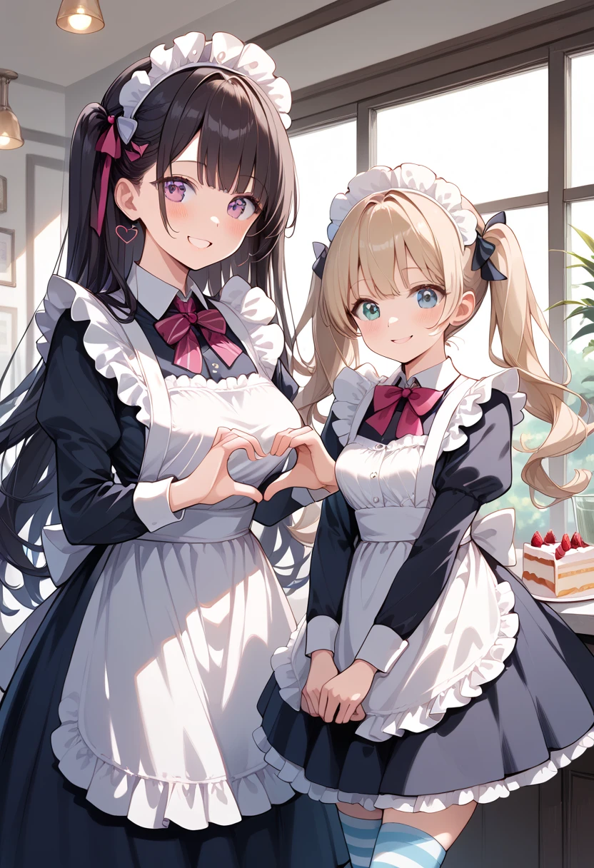 ((masterpiece, best quality, ultra detailed, high resolution, detailed facial description)), (2 girls:1.3, Girls with height differences), (1 girl is tall:1.2, black long hair), (1 girl is short:1.2, twin tails), (maid, maid headdress, maid apron), (mini skirt, striped thigh highs:1.1), (modest breasts:1.3), (smile, blush:1.3), (spoken heart), heart hands, standing, skirt tug, (inside, maid cafe, cake), nsfw