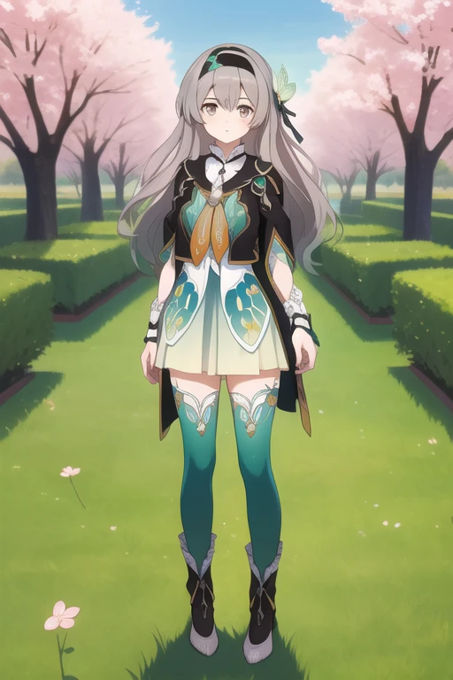 masterpiece,best quality,highres,ultra-detailed,(facing_viewer:1.1),solo,1girl,small breasts,standing,outdoors,garden,cherry blossom,trees,cowboy shot,firefly,black hairband,long hair,grey hair,jacket,orange neckerchief,thighhighs, full body , full body art , teenage girl