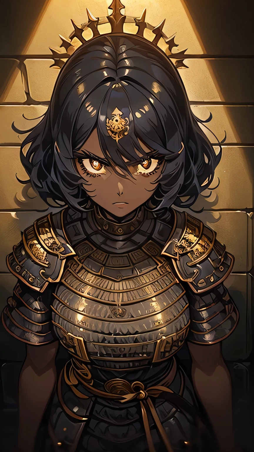 1woman,(((dark skin))),curly short hair,black hair,golden eyes,stand,against the wall,((eaba)),looking at the viewer,angry,photo from above, view from above,((expressive eyes)), ((long eyelashes)).