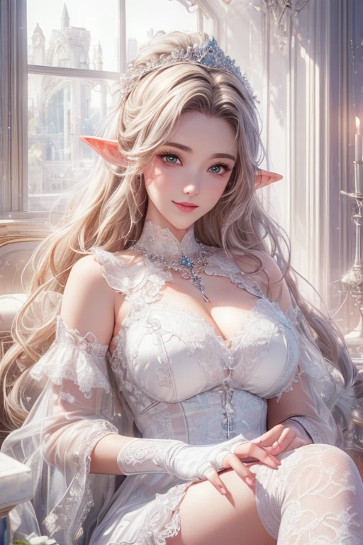 masterpiece,  top quality,      Hi-Res CG Unity 8K Wallpaper ,((Portrait of a seated statue with an emphasis on legs )), ((Ruins)), (  most beautiful １２Women of age), (High Elf Mage ), ( long pointed ears ), (  Detailed Beautiful Perfectly Symmetrical Eyes  ),   Graceful Long Waves Platinum Blonde Hair , ((  Camera Average Bust Size   , Self-illuminating skin)), (  necklace,   upper body red  , Long lace gloves,  lace overknee socks), (  white, sweaty, wet, white skin  ), (Happy smile), cute,   Symmetrical face , fine grain, Key Art, Awards,      Intricate Detailed Realism HDR      ,    Photorealism ,  hyperrealism,    super real ,   Dramatic light  ,     amazing views ,     depth of written border , 